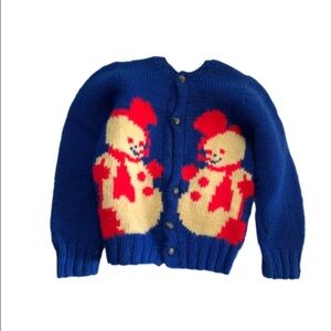 Vintage snowman Christmas holiday blue knit cardigan sweater 12 months